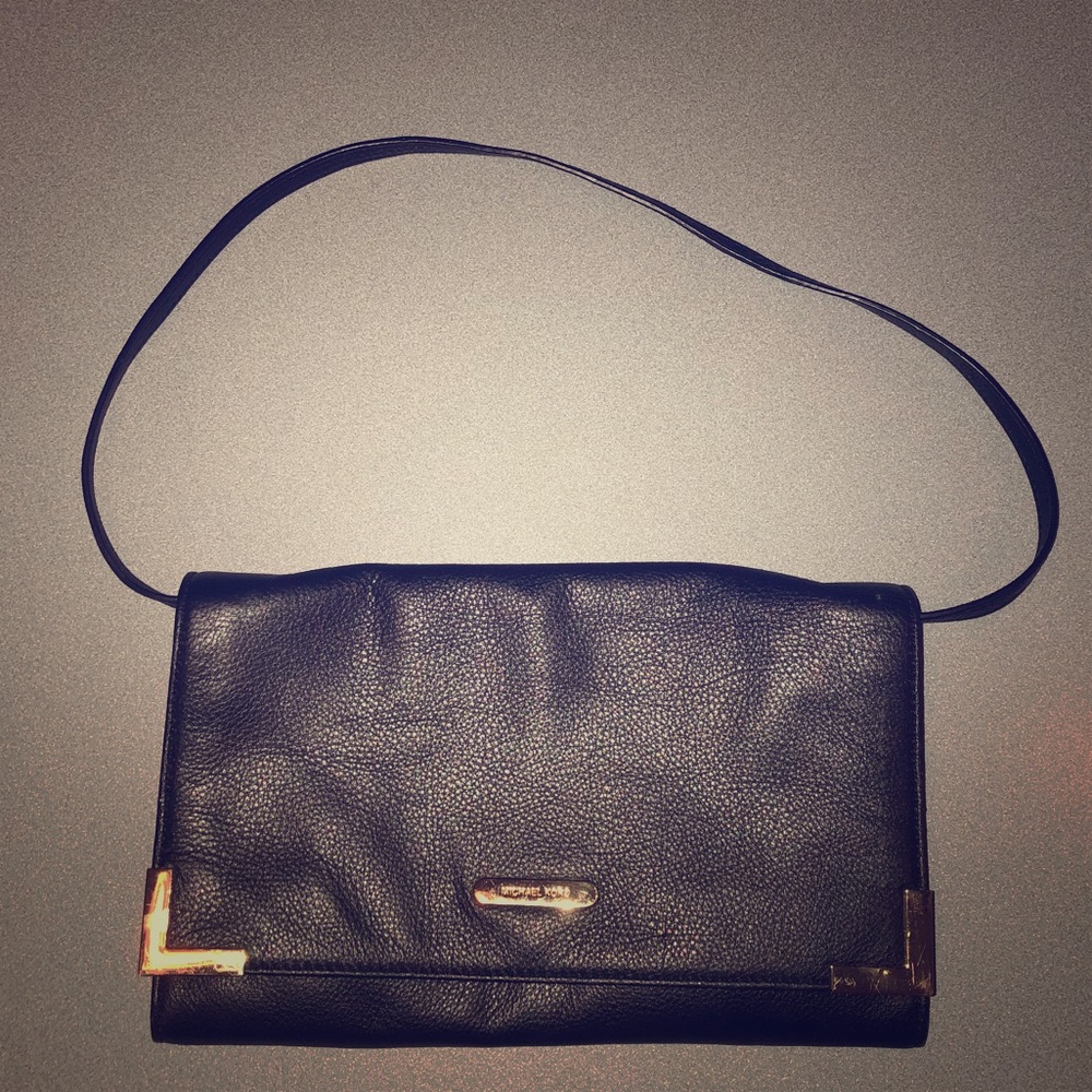 Michael Kors Black Leather Shoulder Bag with Gold Accents